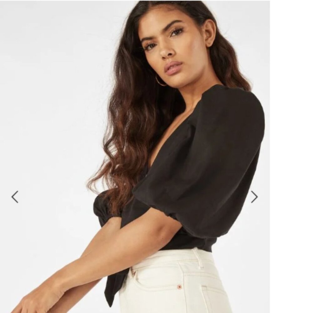 JustFab Puff Sleeve Tie Front Top Crop Top Blouse Black Linen Blend Size M - Picture 4 of 13